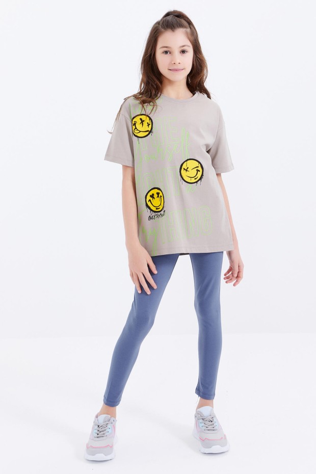 Koyu Bej Oversize Emoji Baskılı O Yaka Düşük Omuz Kız Çocuk T-Shirt - 75042