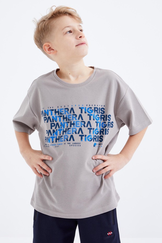 Koyu Bej Oversize Yazı Baskılı Kısa Kollu O Yaka Erkek Çocuk T-Shirt - 10930