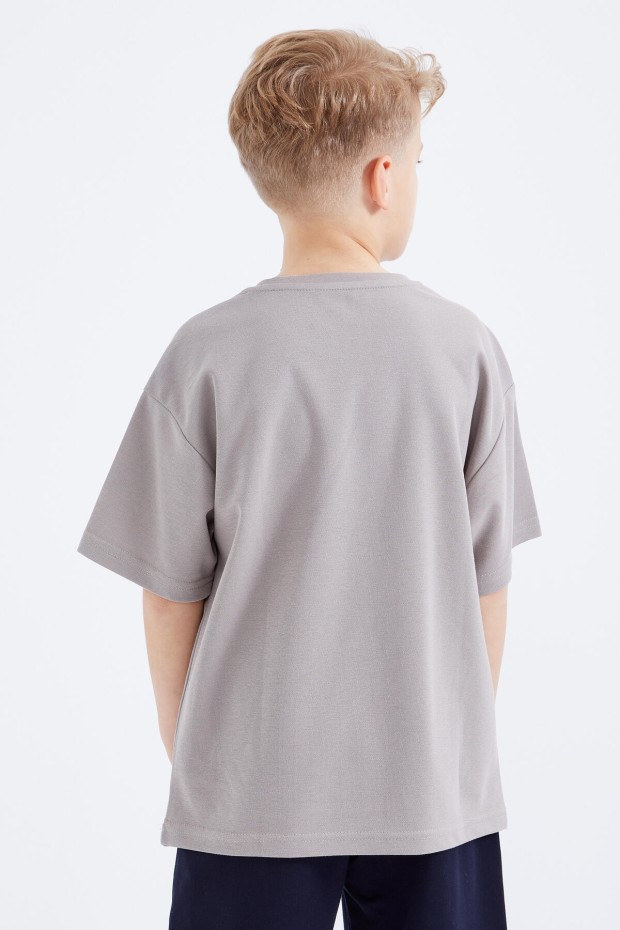 Koyu Bej Oversize Yazı Baskılı Kısa Kollu O Yaka Erkek Çocuk T-Shirt - 10930