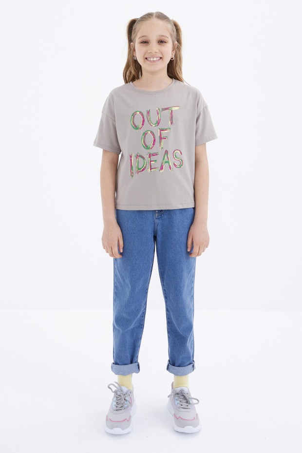 Koyu Bej Oversize Yazı Baskılı O Yaka Düşük Omuz Kız Çocuk T-Shirt - 75028