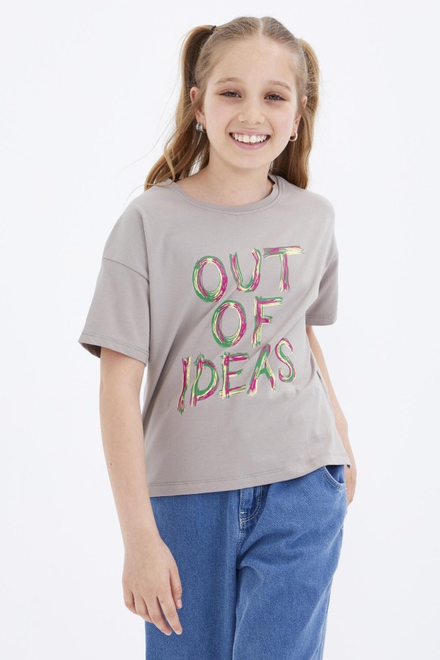 Koyu Bej Oversize Yazı Baskılı O Yaka Düşük Omuz Kız Çocuk T-Shirt - 75028