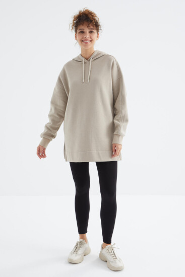 Koyu Bej Reglan Kol Basic Kapüşonlu Oversize Sweatshirt Tunik - 97242 - TOMMYLIFE (1)