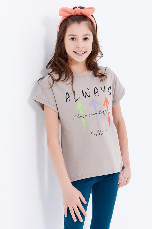 Koyu Bej Renkli Yazı Baskılı O Yaka Düşük Omuz Kız Çocuk T-Shirt - 75026