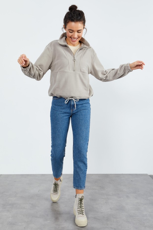Koyu Bej Yarım Fermuar Etek Ucu Büzgülü Kadın Polar Oversize Sweatshirt - 97171