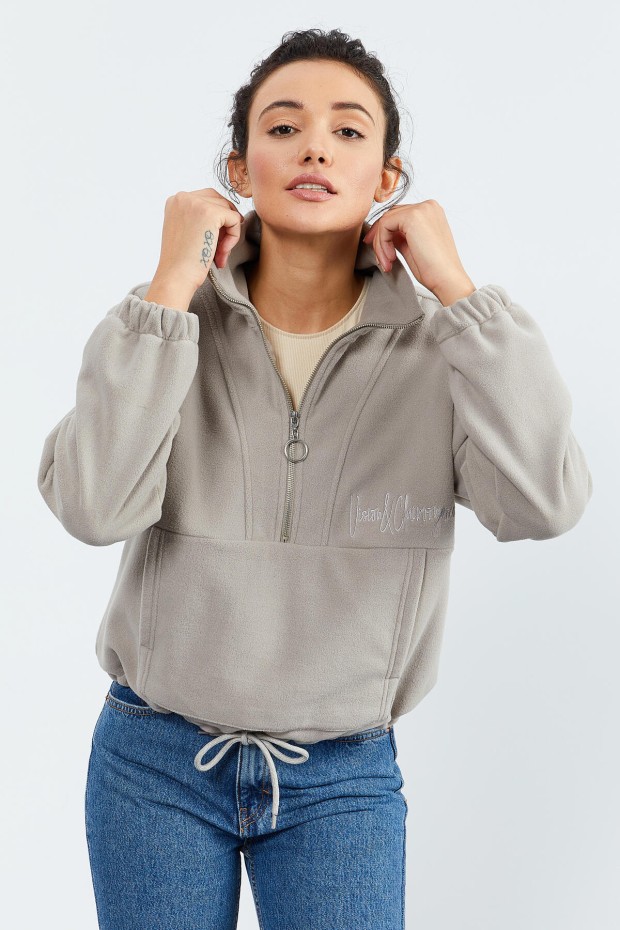 Koyu Bej Yarım Fermuar Etek Ucu Büzgülü Kadın Polar Oversize Sweatshirt - 97171 - 3