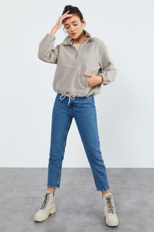 Koyu Bej Yarım Fermuar Etek Ucu Büzgülü Kadın Polar Oversize Sweatshirt - 97171 - 4