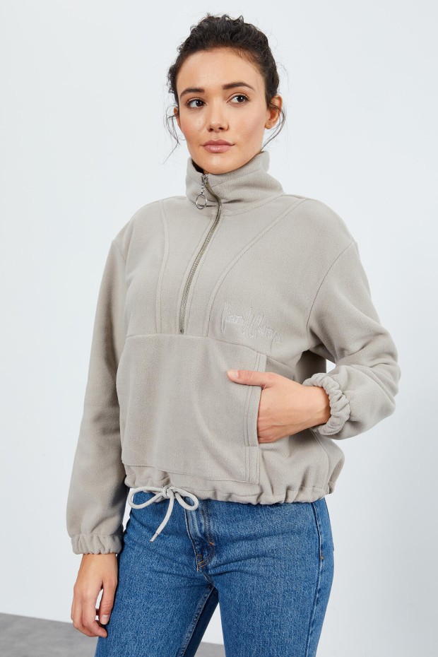 Koyu Bej Yarım Fermuar Etek Ucu Büzgülü Kadın Polar Oversize Sweatshirt - 97171 - 8