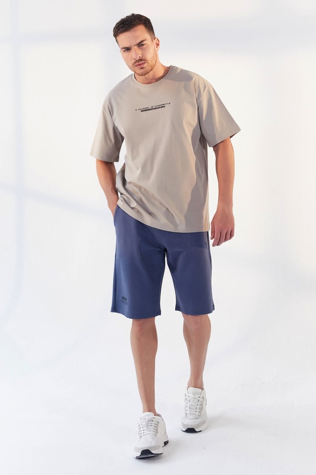 Koyu Bej Yazı Baskılı O Yaka Erkek Oversize T-Shirt - 87984