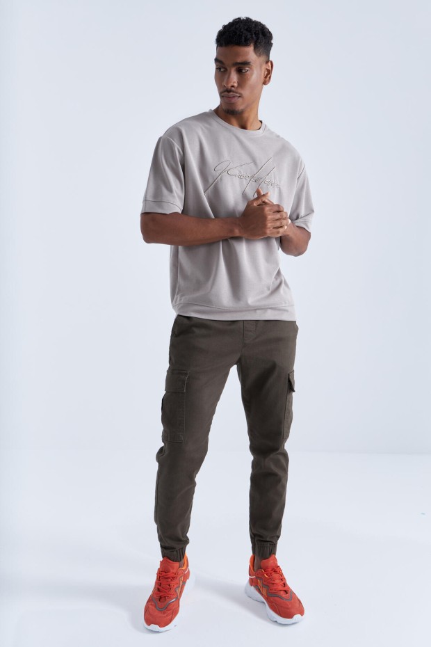 Koyu Bej Yazı Nakışlı O Yaka Erkek Oversize T-Shirt - 88102 - 5
