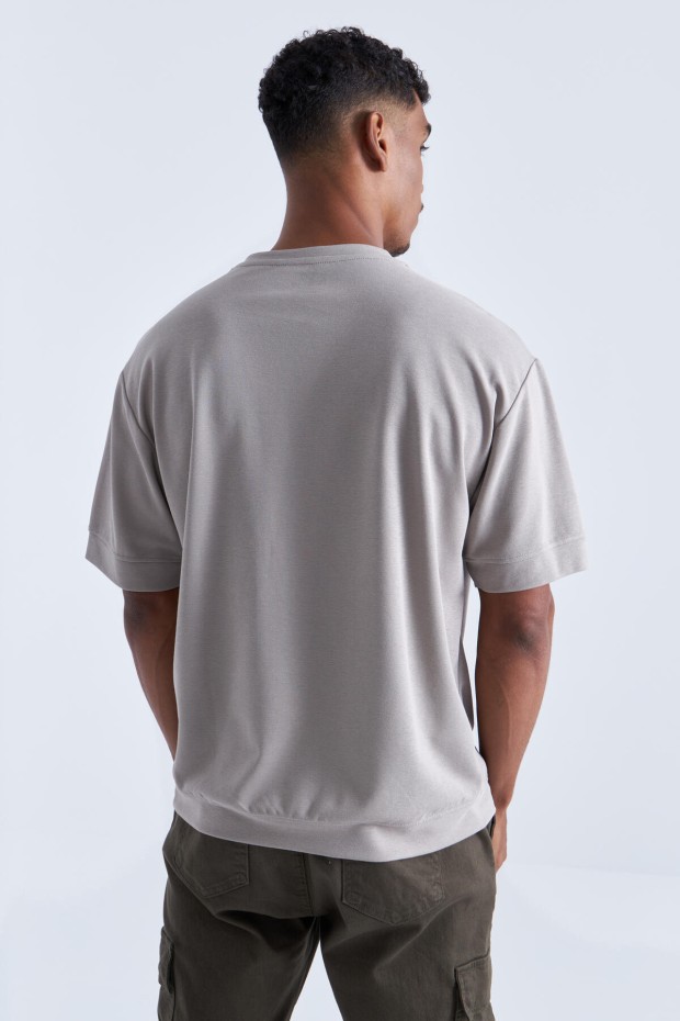 Koyu Bej Yazı Nakışlı O Yaka Erkek Oversize T-Shirt - 88102 - 8