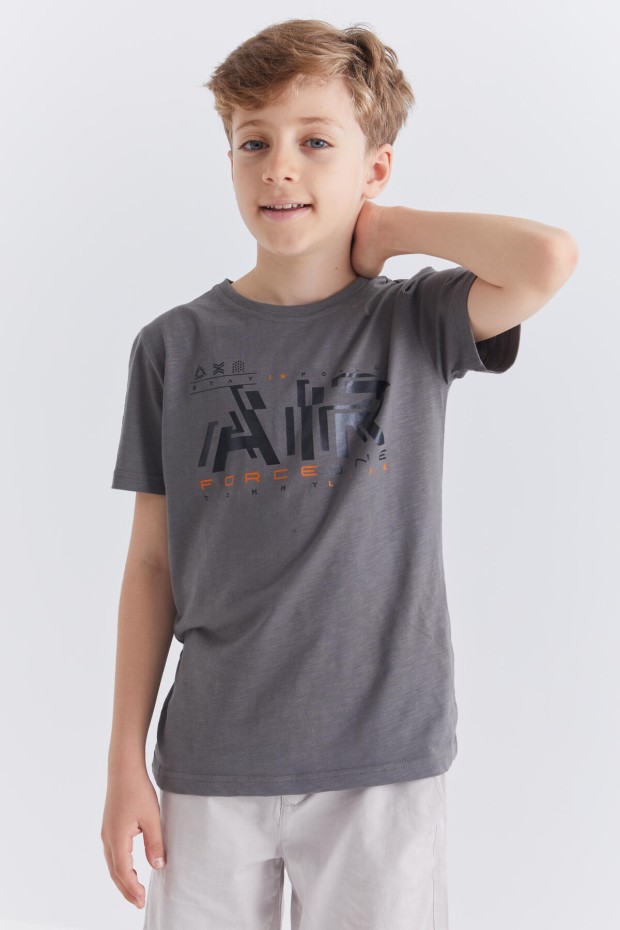 Koyu Gri Air Baskılı O Yaka Kısa Kol Erkek Çocuk T-Shirt - 10852