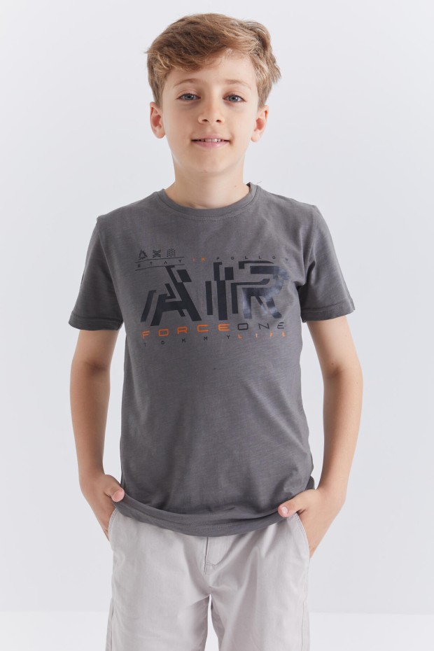 Koyu Gri Air Baskılı O Yaka Kısa Kol Erkek Çocuk T-Shirt - 10852