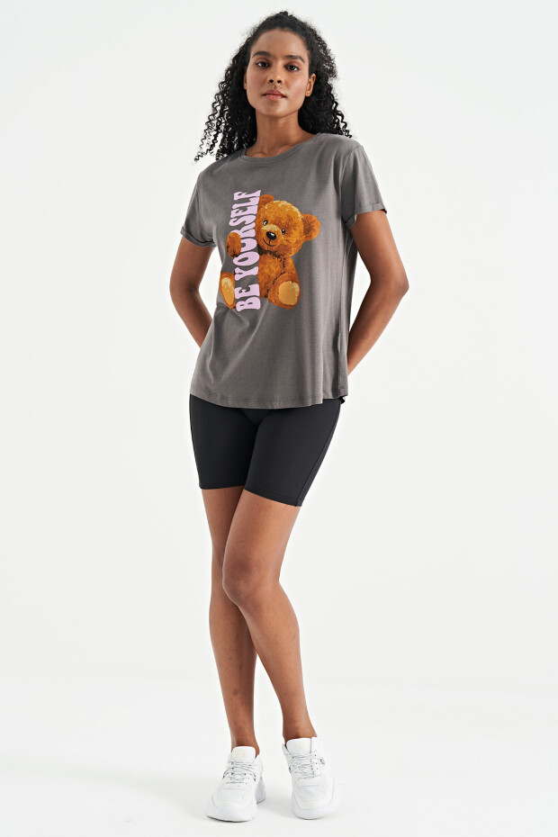 Koyu Gri Ayıcık Baskılı Kısa Kollu O Yaka Oversize Kadın T-Shirt - 02242