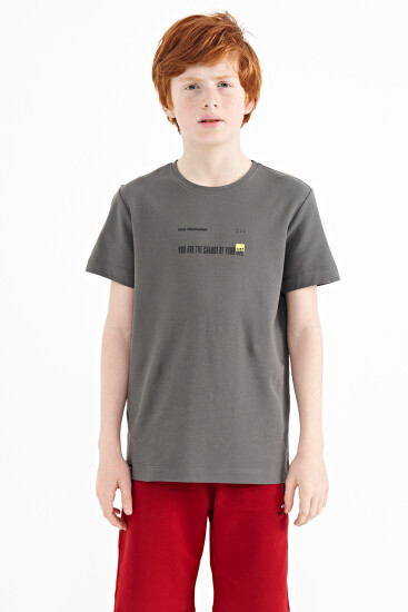 Koyu Gri Baskı Detaylı O Yaka Standart Kalıp Erkek Çocuk T-Shirt - 11117 