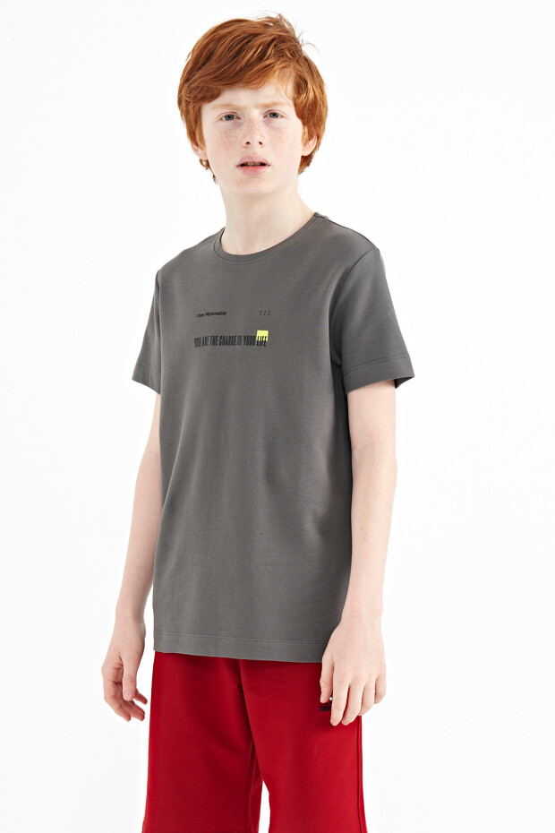 Koyu Gri Baskı Detaylı O Yaka Standart Kalıp Erkek Çocuk T-Shirt - 11117 - 8