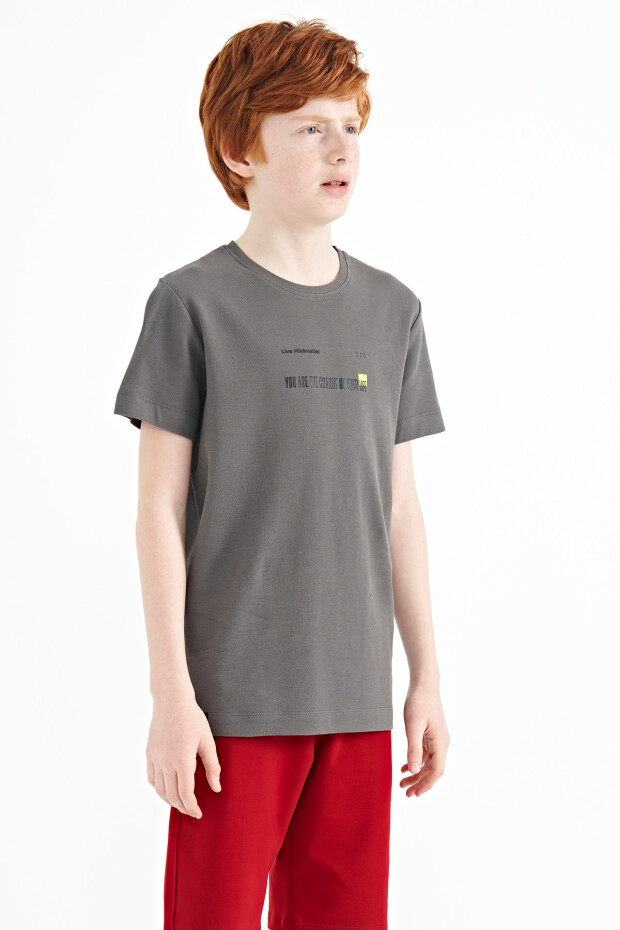 Koyu Gri Baskı Detaylı O Yaka Standart Kalıp Erkek Çocuk T-Shirt - 11117 - 9
