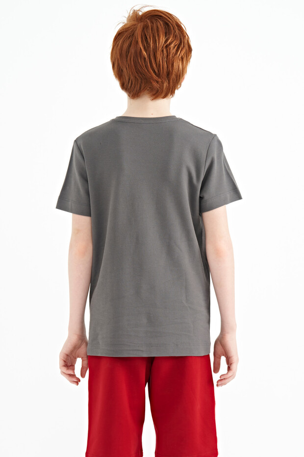 Koyu Gri Baskı Detaylı O Yaka Standart Kalıp Erkek Çocuk T-Shirt - 11117 - 11