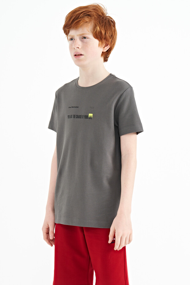 Koyu Gri Baskı Detaylı O Yaka Standart Kalıp Erkek Çocuk T-Shirt - 11117