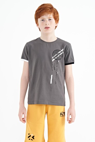 Koyu Gri Baskı Detaylı O Yaka Standart Kalıp Erkek Çocuk T-Shirt - 11131 