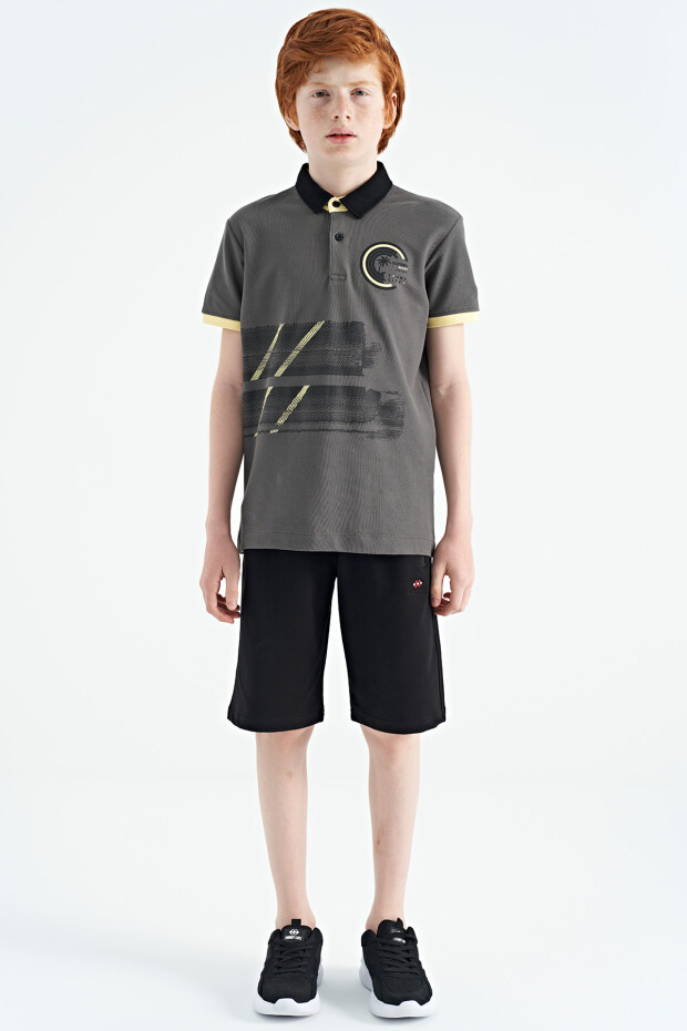 Koyu Gri Baskı Detaylı Polo Yaka Standart Kalıp Erkek Çocuk T-Shirt - 11094