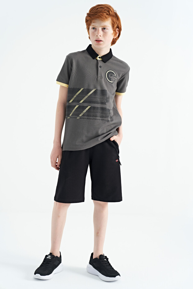 Koyu Gri Baskı Detaylı Polo Yaka Standart Kalıp Erkek Çocuk T-Shirt - 11094