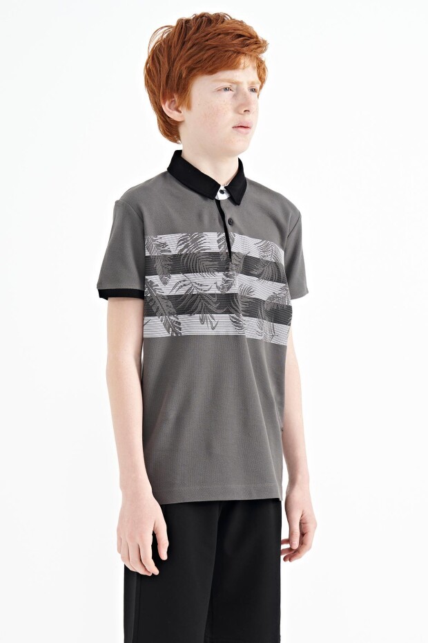 Koyu Gri Baskı Detaylı Standart Kalıp Polo Yaka Erkek Çocuk T-Shirt - 11101