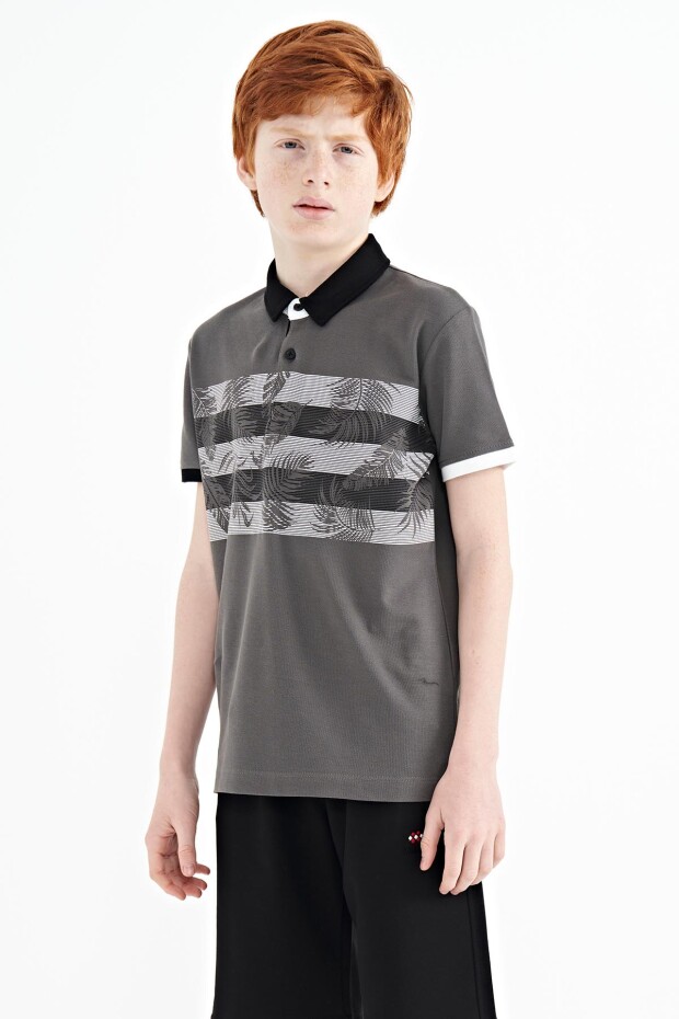 Koyu Gri Baskı Detaylı Standart Kalıp Polo Yaka Erkek Çocuk T-Shirt - 11101