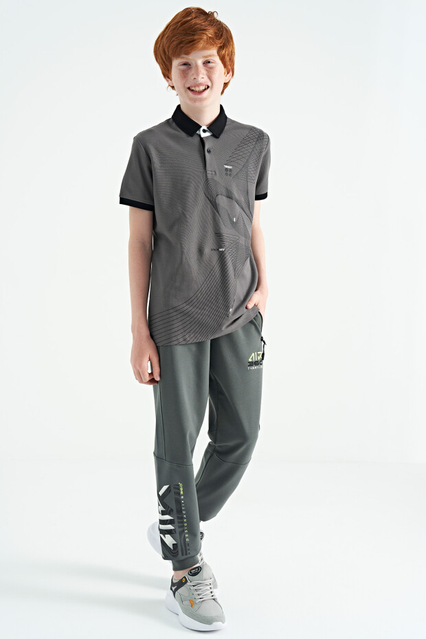Koyu Gri Baskı Detaylı Standart Kalıp Polo Yaka Erkek Çocuk T-Shirt - 11164