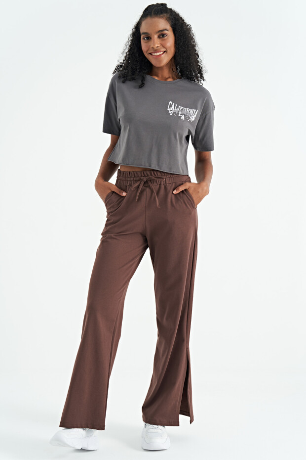 Koyu Gri Baskılı Düşük Kol Detaylı Oversize Kadın Crop T-Shirt - 02179