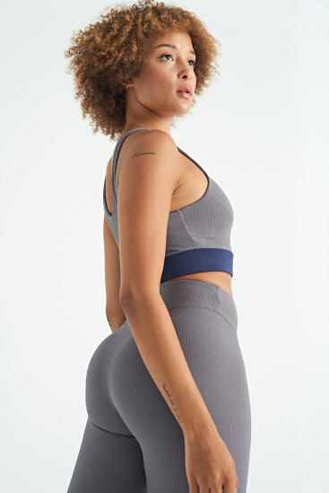 Koyu Gri Biye Detaylı Yüksek Bel Slim Fit Fitilli Kadın Tayt - 94643 