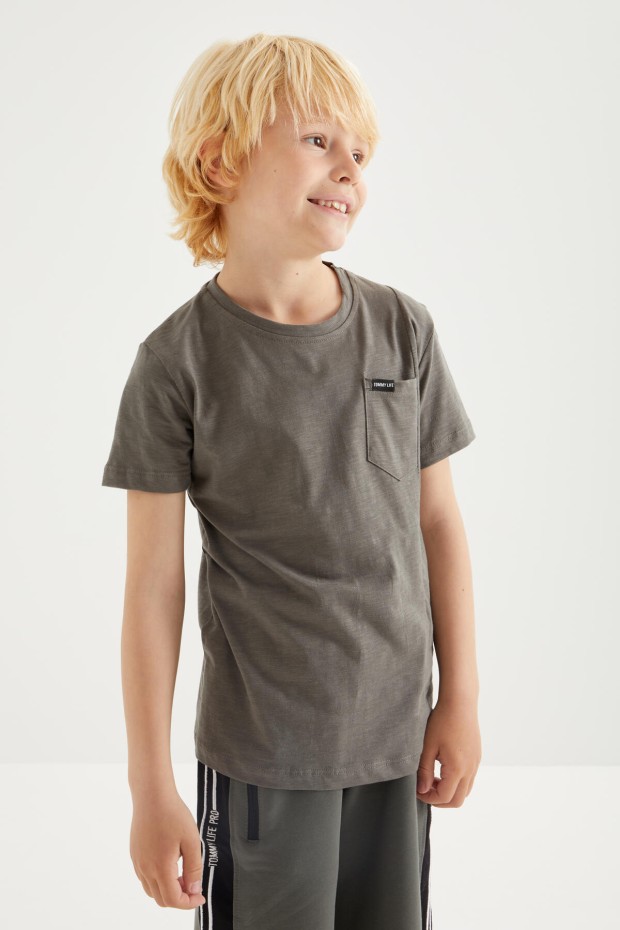 Koyu Gri Cep Detaylı Basic Kısa Kol O Yaka Erkek Çocuk T-Shirt - 10857