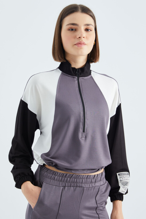Koyu Gri Dik Yaka Yarım Fermuarlı Renk Bloklu Kadın Sweatshirt - 02380