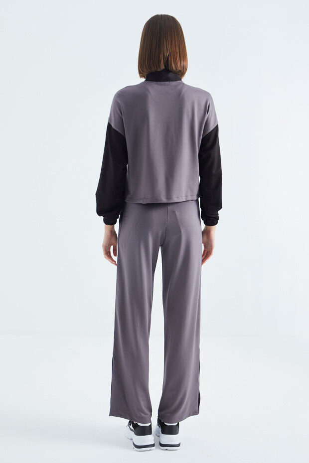 Koyu Gri Dik Yaka Yarım Fermuarlı Renk Bloklu Kadın Sweatshirt - 02380
