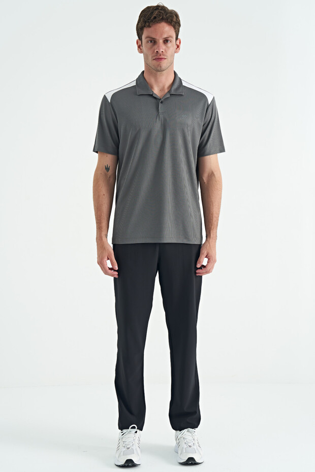 Koyu Gri Garni Detaylı Polo Yaka Standart kalıp Aktif Spor Erkek T-Shirt - 88250
