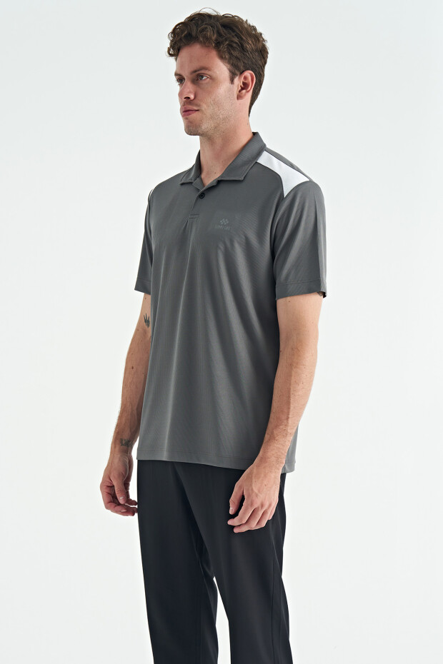 Koyu Gri Garni Detaylı Polo Yaka Standart kalıp Aktif Spor Erkek T-Shirt - 88250