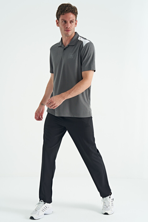 Koyu Gri Garni Detaylı Polo Yaka Standart kalıp Aktif Spor Erkek T-Shirt - 88250