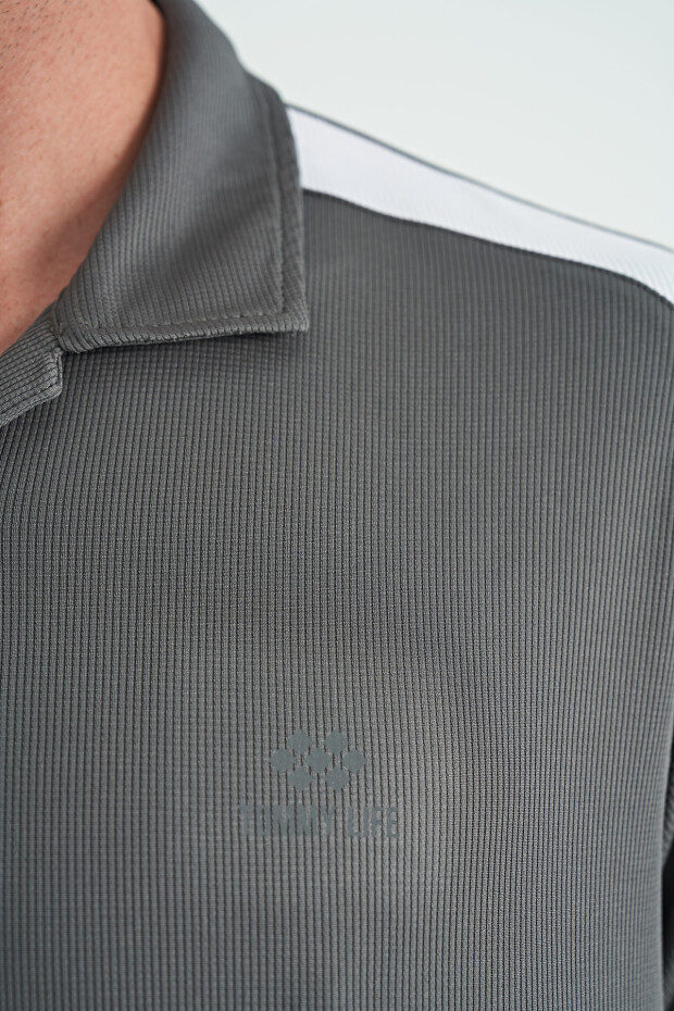Koyu Gri Garni Detaylı Polo Yaka Standart kalıp Aktif Spor Erkek T-Shirt - 88250