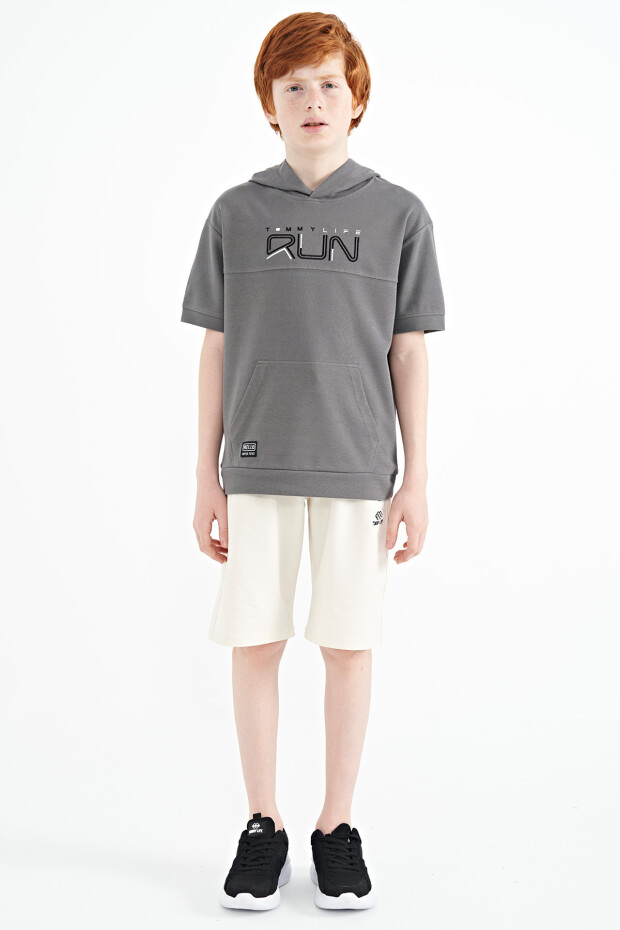 Koyu Gri Kanguru Cepli Kapüşonlu Oversize Erkek Çocuk T-Shirt - 11160