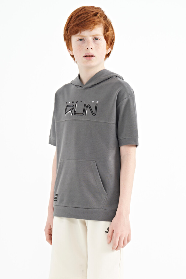 Koyu Gri Kanguru Cepli Kapüşonlu Oversize Erkek Çocuk T-Shirt - 11160