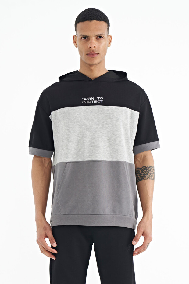 Koyu Gri Kapüşonlu Baskı Detaylı Oversize Erkek T-shirt - 88191
