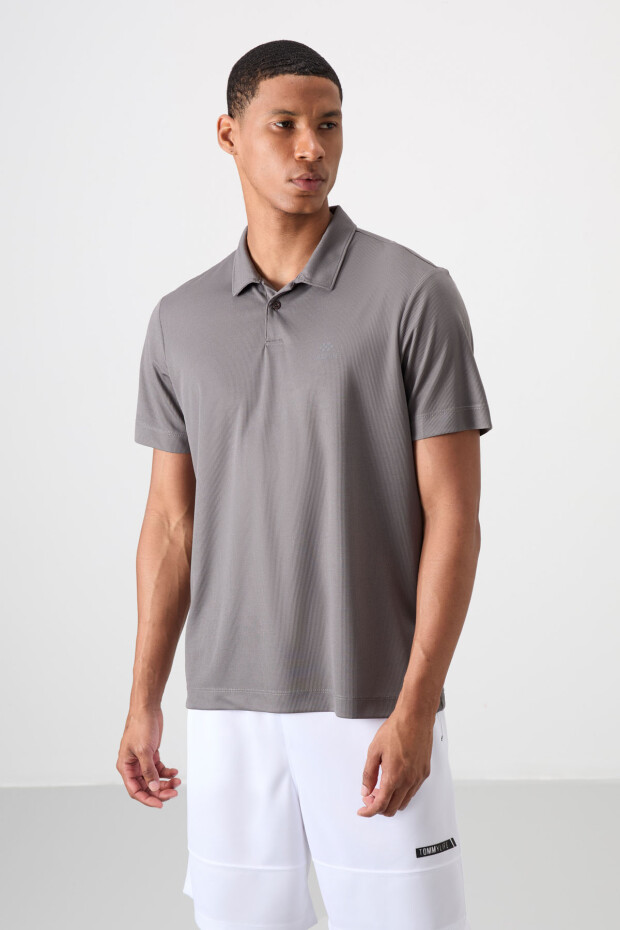 Koyu Gri Logo Baskılı Standart Kalıp Polo Yaka Aktif Spor Erkek T-Shirt - 88252