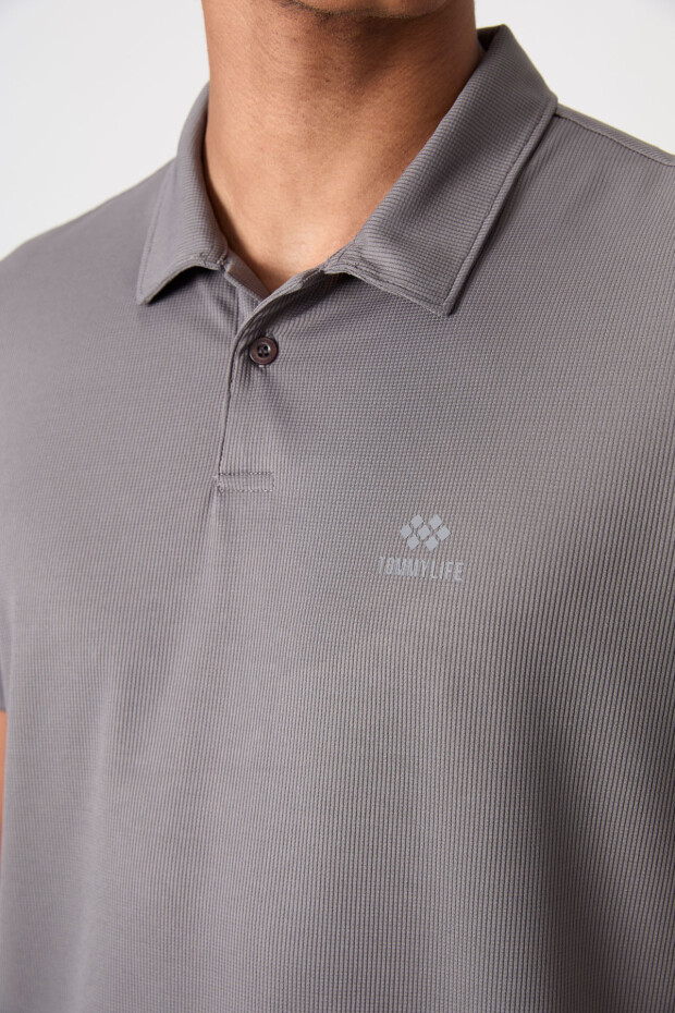 Koyu Gri Logo Baskılı Standart Kalıp Polo Yaka Aktif Spor Erkek T-Shirt - 88252 - 3