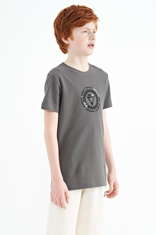 Koyu Gri Nakış İşleme Detaylı O Yaka Standart Kalıp Erkek Çocuk T-Shirt - 11115 - 4