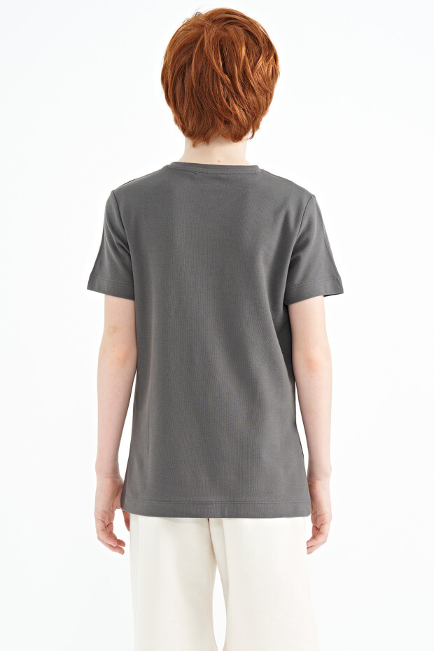 Koyu Gri Nakış İşleme Detaylı O Yaka Standart Kalıp Erkek Çocuk T-Shirt - 11115 - 6