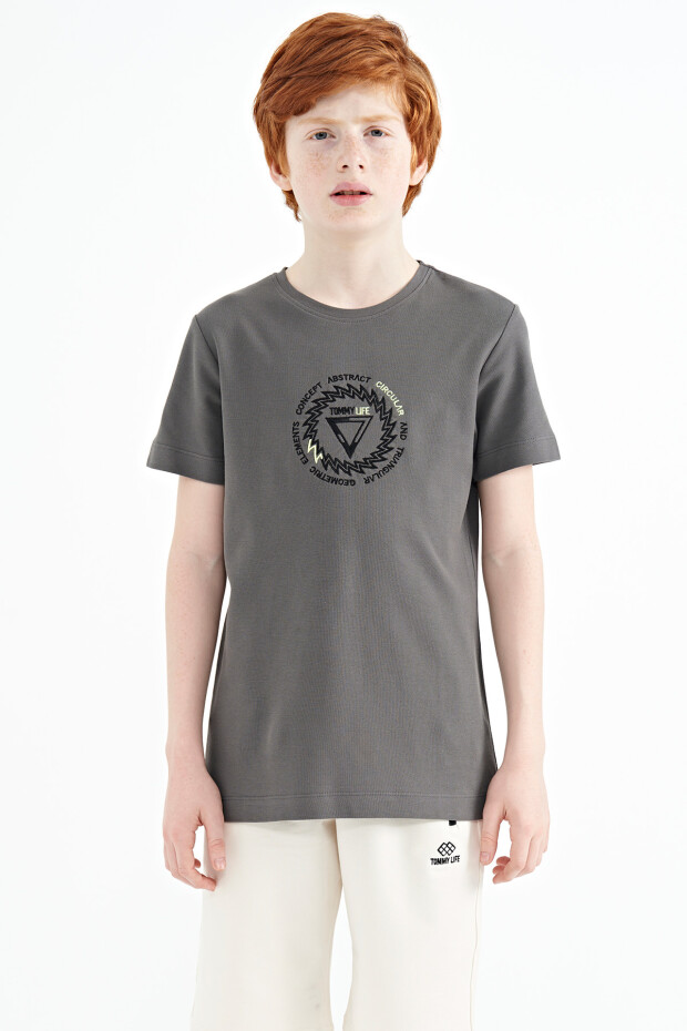 Koyu Gri Nakış İşleme Detaylı O Yaka Standart Kalıp Erkek Çocuk T-Shirt - 11115 - 1