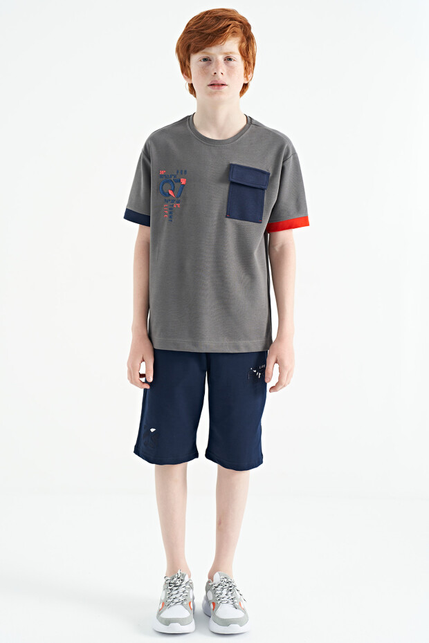 Koyu Gri O Yaka Oversize Cep Detaylı Erkek Çocuk T-Shirt - 11152