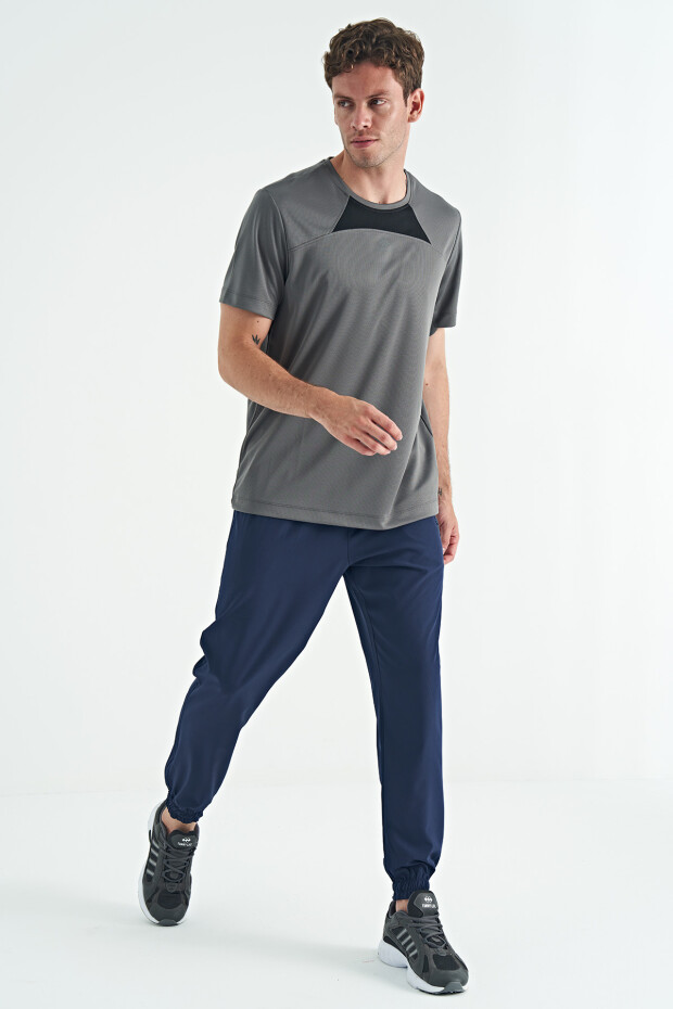 Koyu Gri O Yaka Standart Kalıp Garni Detaylı Aktif Spor Erkek T-Shirt - 88253