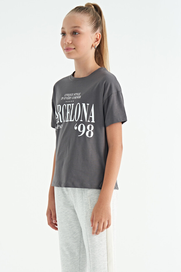 Koyu Gri O Yaka Yazı Baskılı Düşük Omuz Oversize Kız Çocuk T-Shirt - 75115