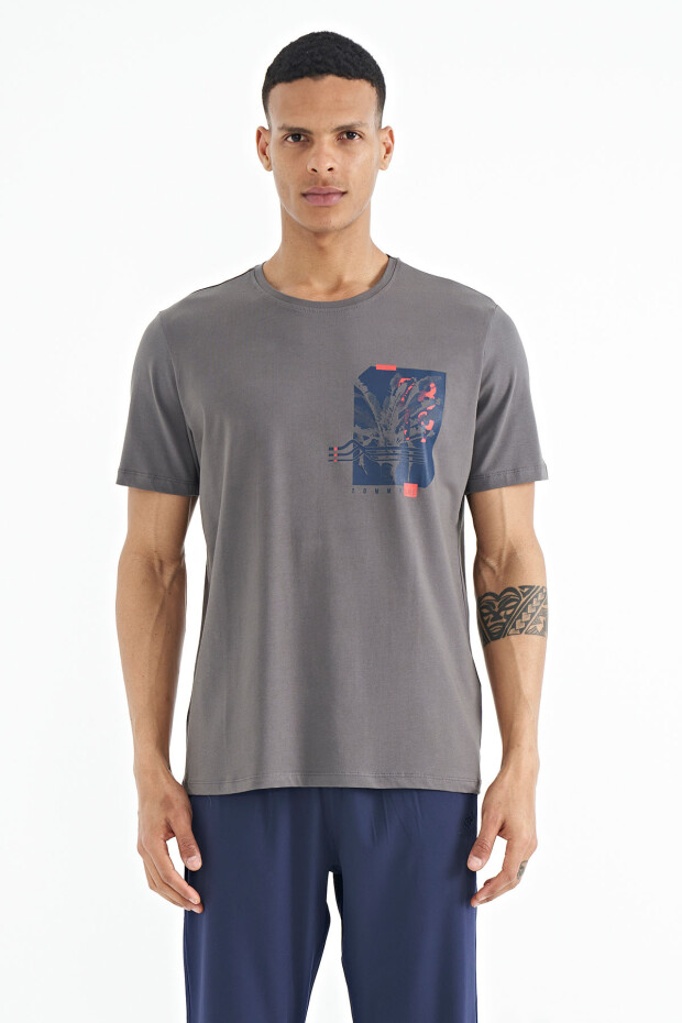 Koyu Gri Ön Arka Baskı Detaylı Standart Form Erkek T-shirt - 88233