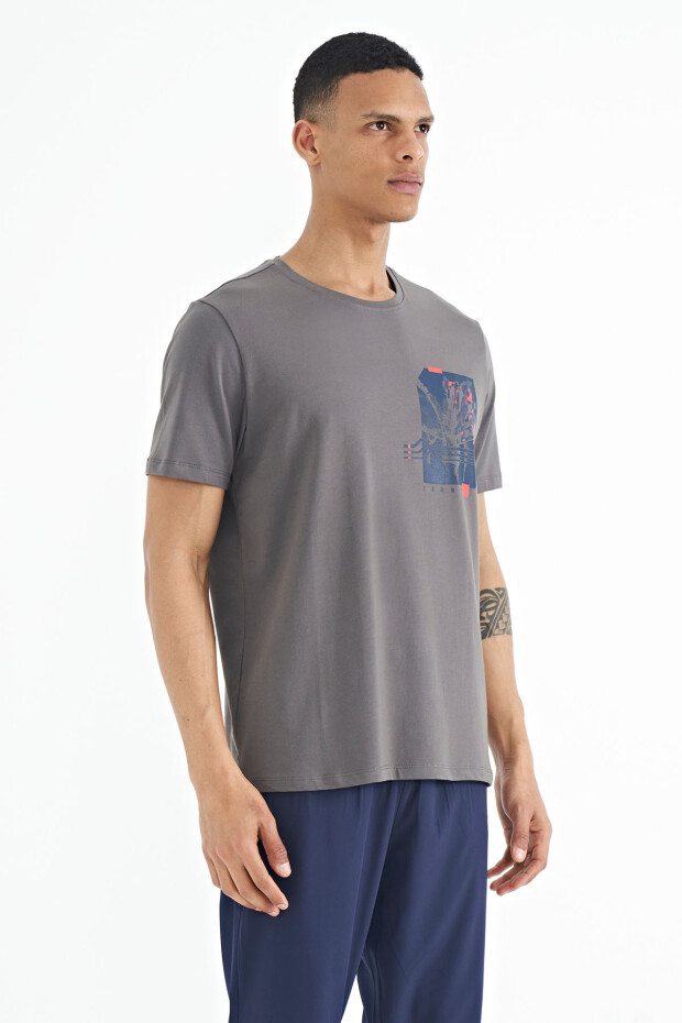 Koyu Gri Ön Arka Baskı Detaylı Standart Form Erkek T-shirt - 88233